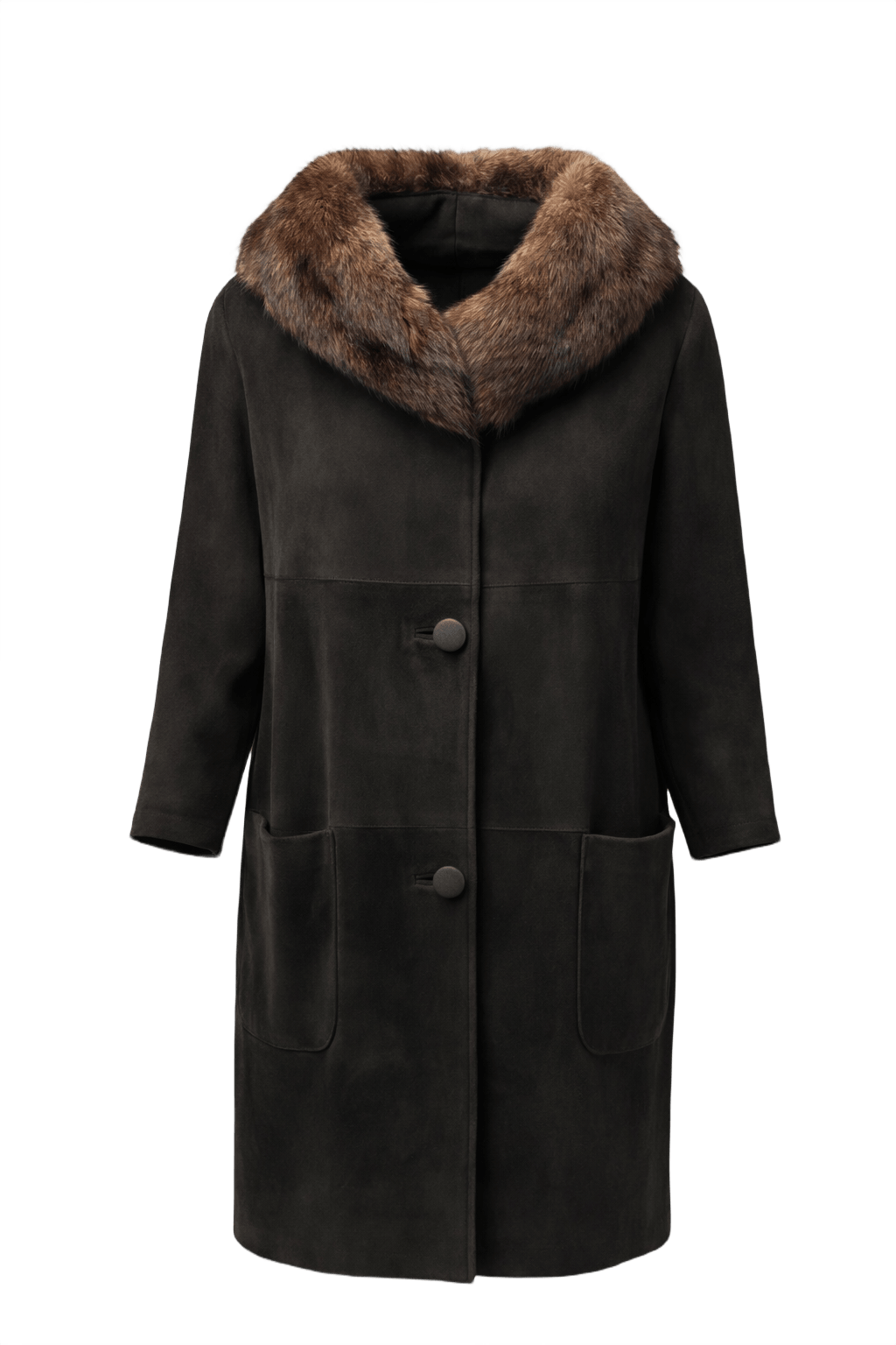 1960s Dark Brown Suede Coat with Mink Collar - Front View