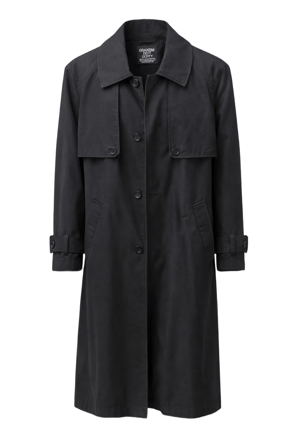 80s Grandma Did It Black Wool Blend Trench Coat - Front View