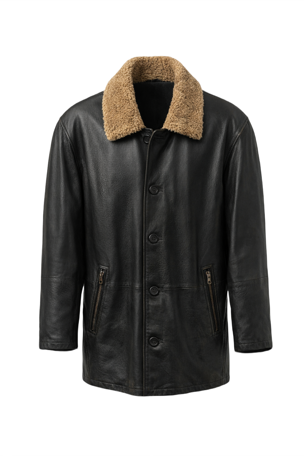 80s Black Leather Jacket with Beige Fur Collar - Front View