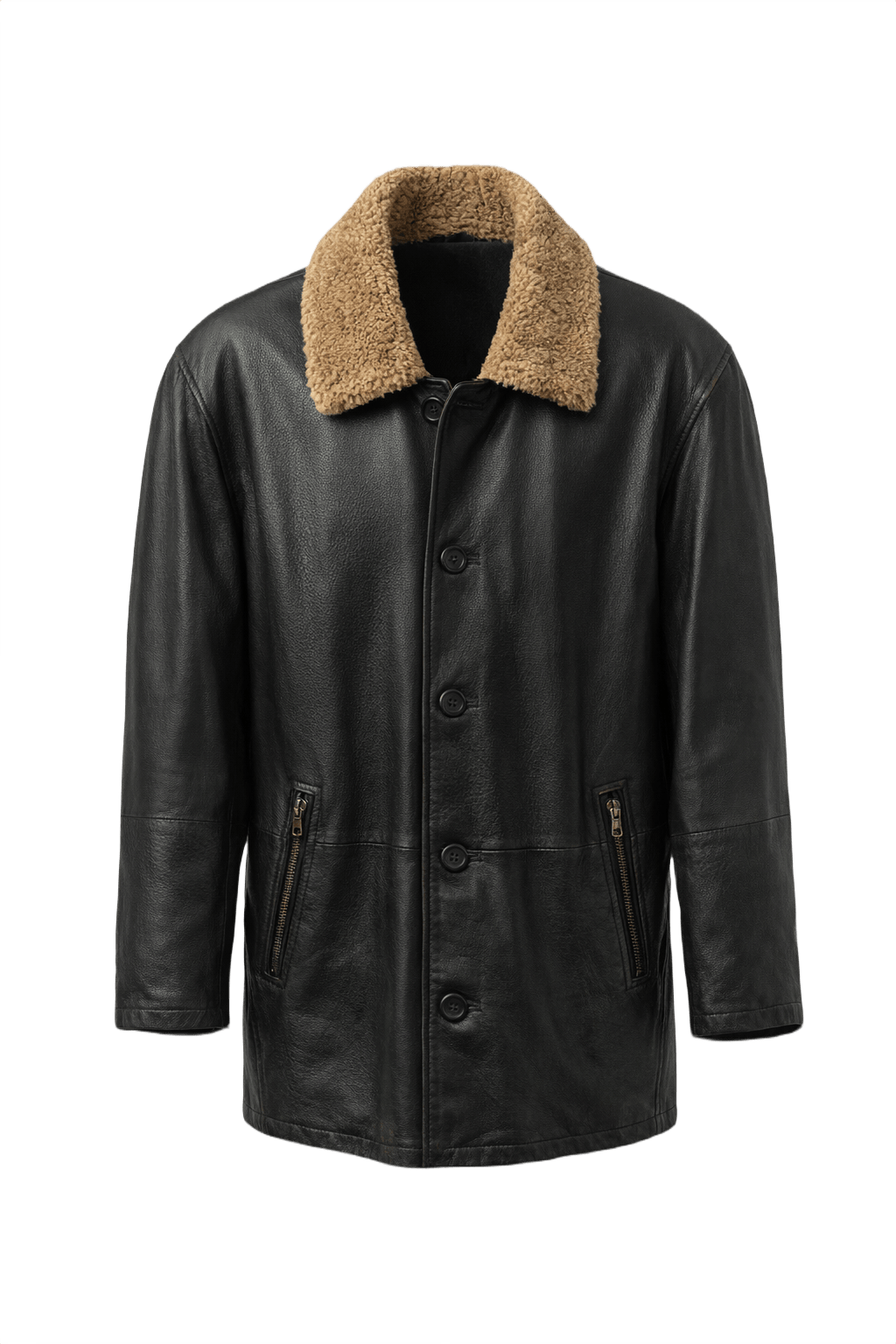 80s Black Leather Jacket with Beige Fur Collar - Front View