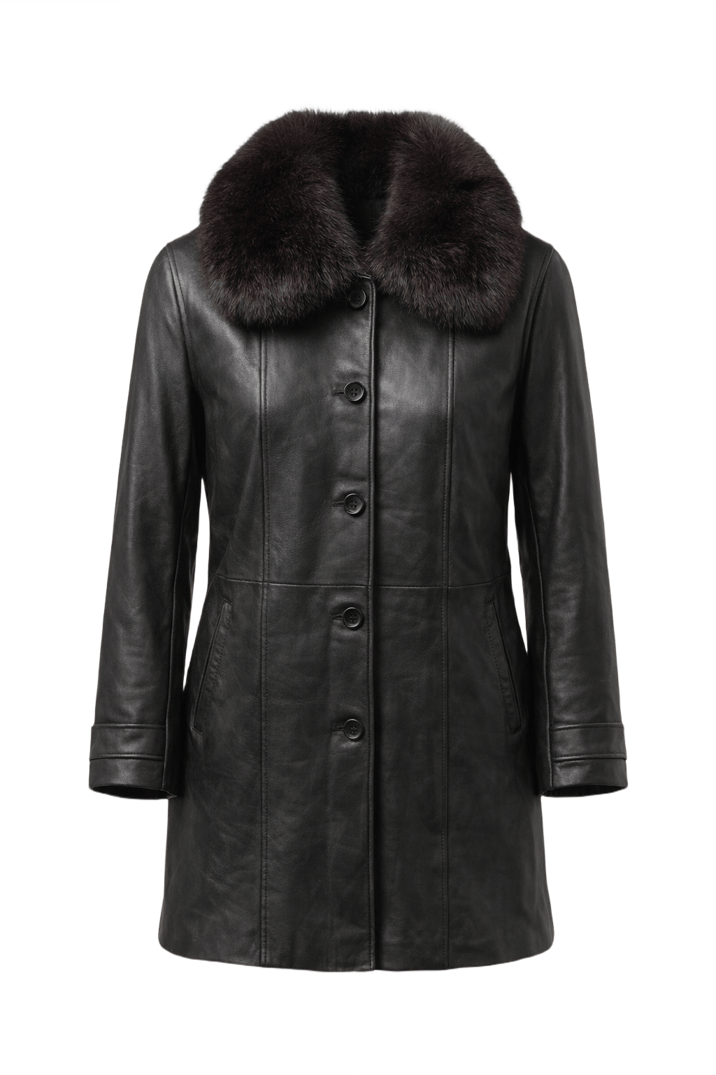1990s Black Leather Coat with Fur Collar - Front View