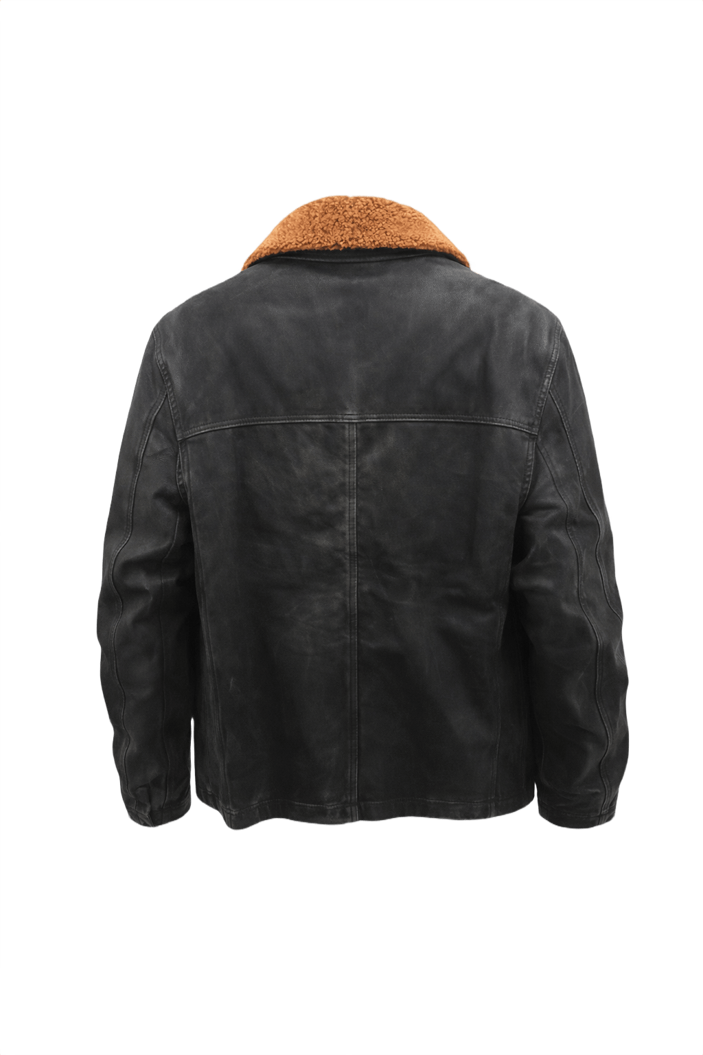 1970s Black Leather Jacket with Shearling Collar - Back View