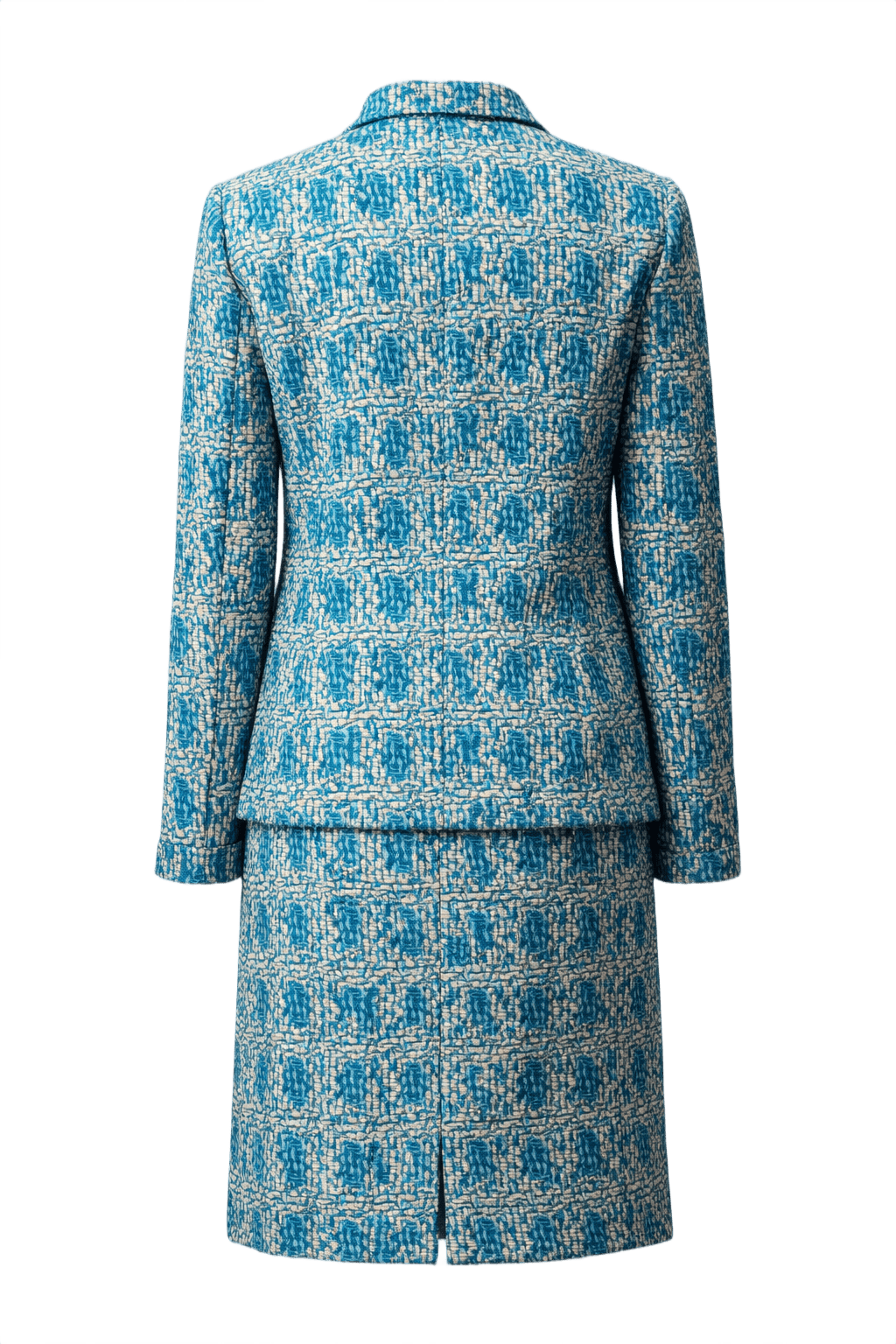 1960s Blue and Cream Woven Fabric Skirt Suit - Back View