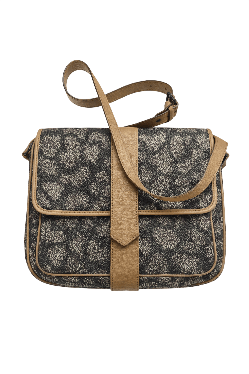 1980s Beige and Dark Grey Leather and Fabric Bag - Front View