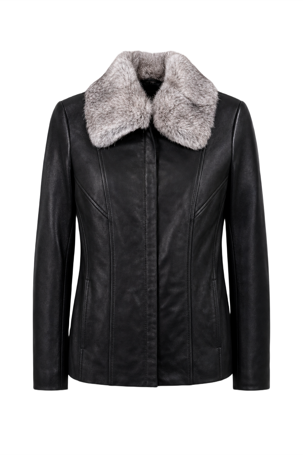 1990s Black Leather Faux Fur Collar Jacket - Front View