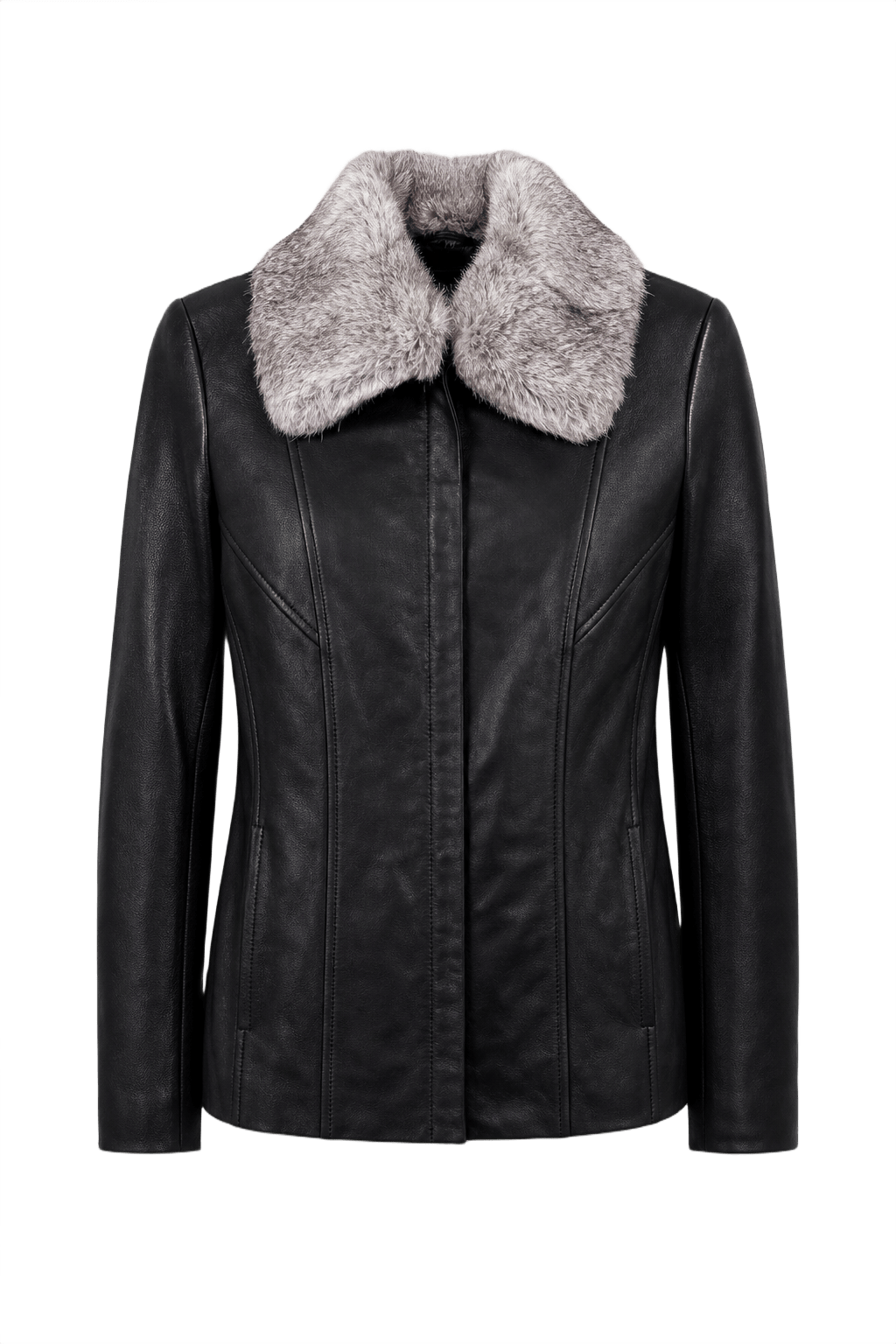 1990s Black Leather Faux Fur Collar Jacket - Front View