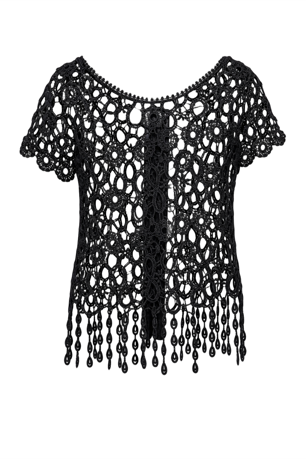 1970s Black Cotton Crochet Top - Front View