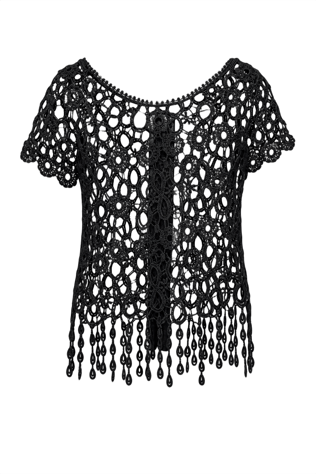 1970s Black Cotton Crochet Top - Front View