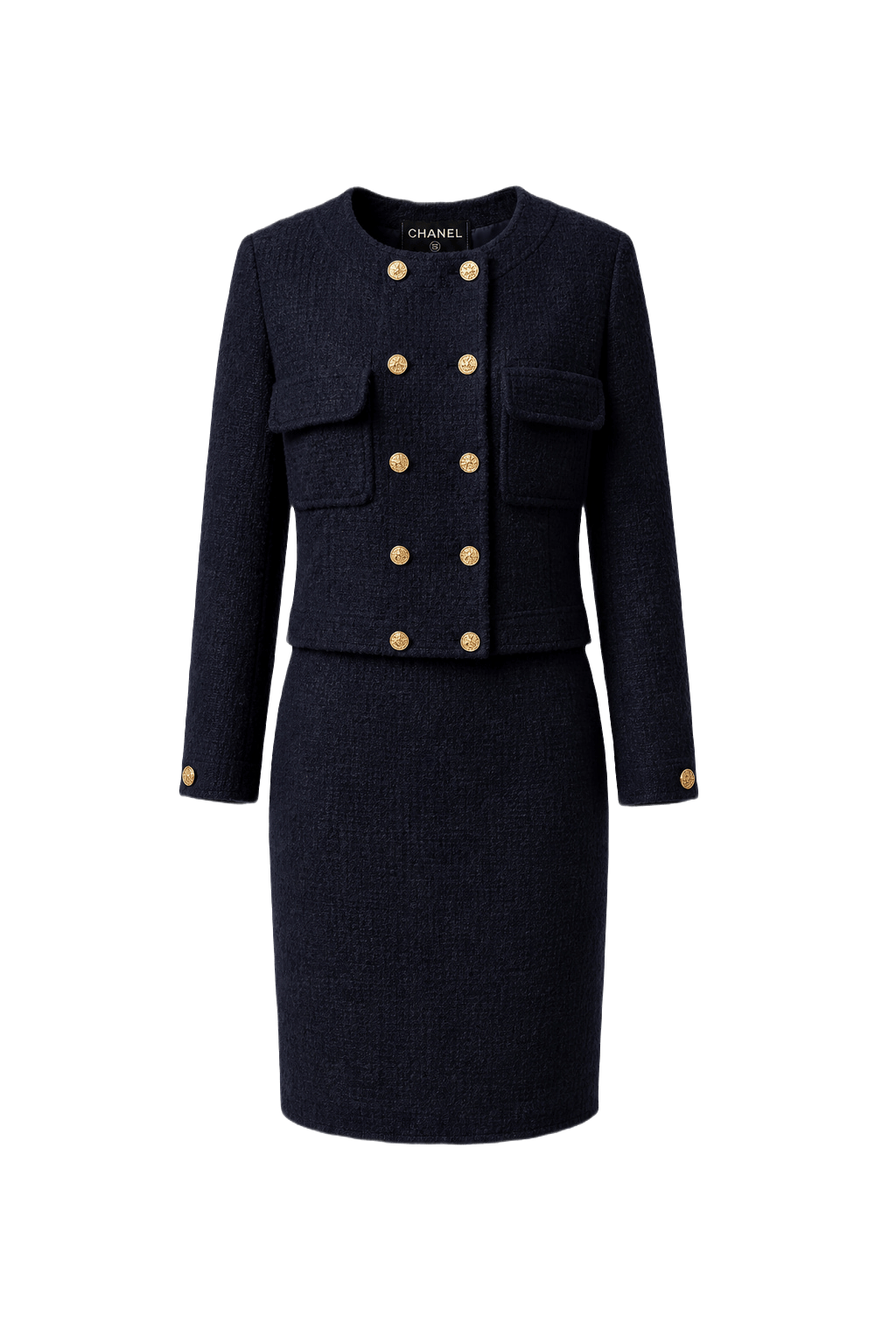 1990s Navy Blue Wool Blend Blouse and Skirt Set - Front View