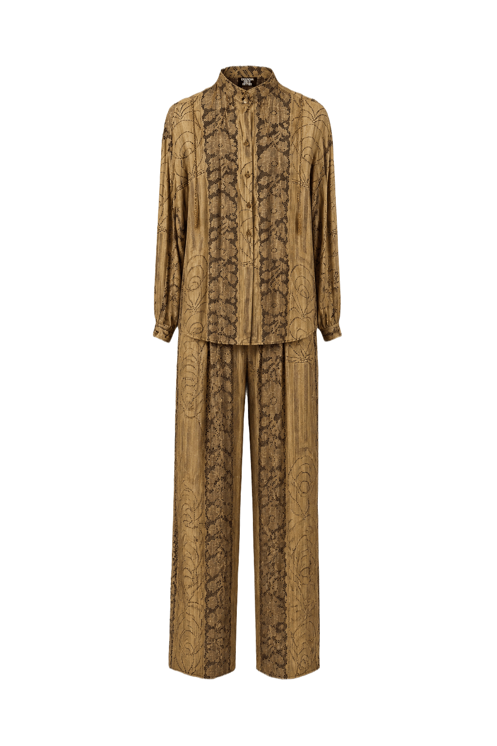 1970s Metallic Gold Polyester Blouse and Trousers Set - Front View