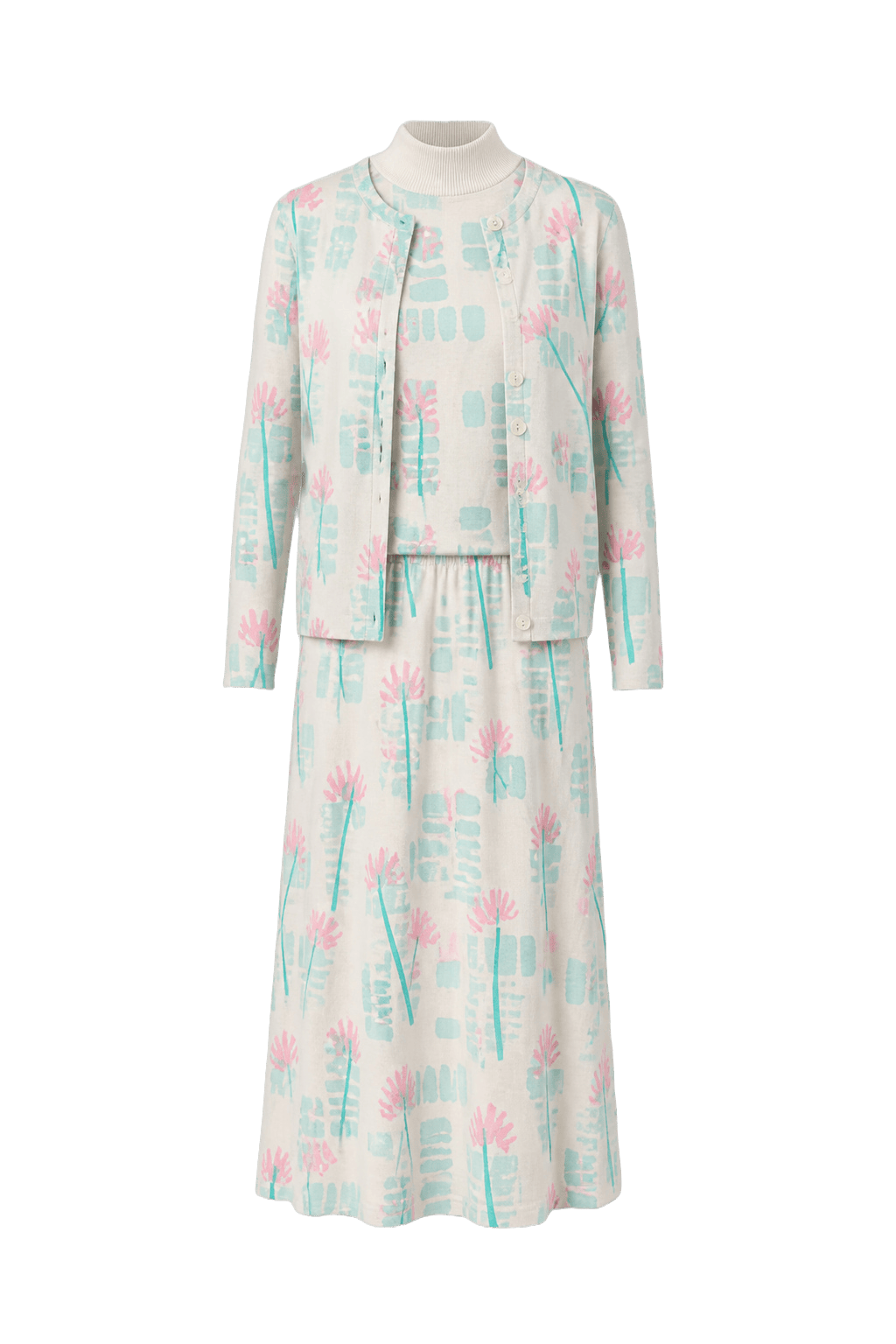 1980s White Pastel Pink Polyester Top and Skirt Set - Front View