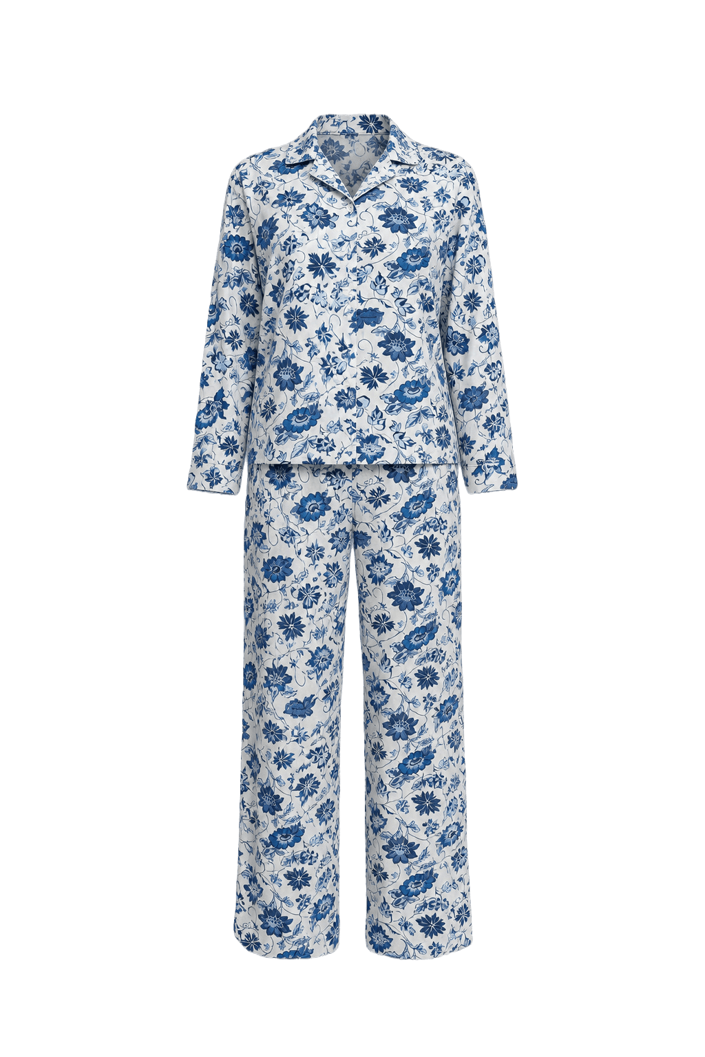 1970s White Blue Floral Cotton Top and Bottom Set - Front View