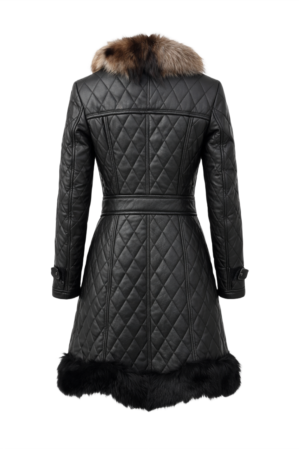 1990s Black Quilted Leather Coat - Back View