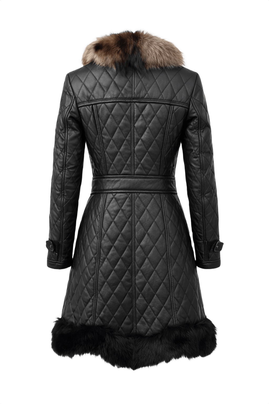 1990s Black Quilted Leather Coat - Back View