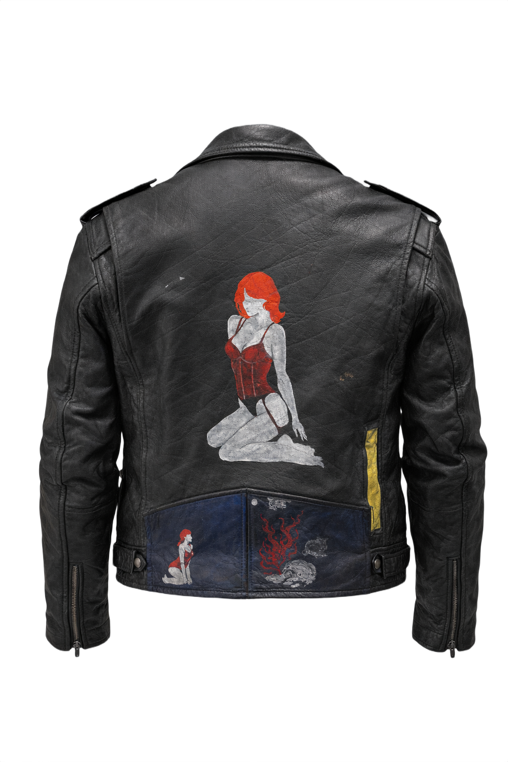 1990s Black Leather Painted Graphics Leather Jacket - Back View