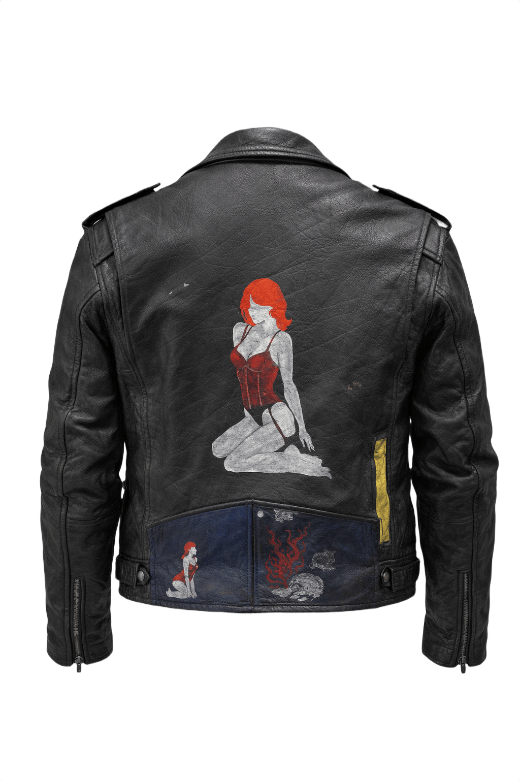 1990s Black Leather Painted Graphics Leather Jacket - Back View