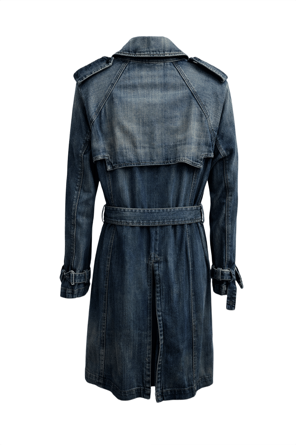 1990s Medium Blue Denim Trench Coat - Back View