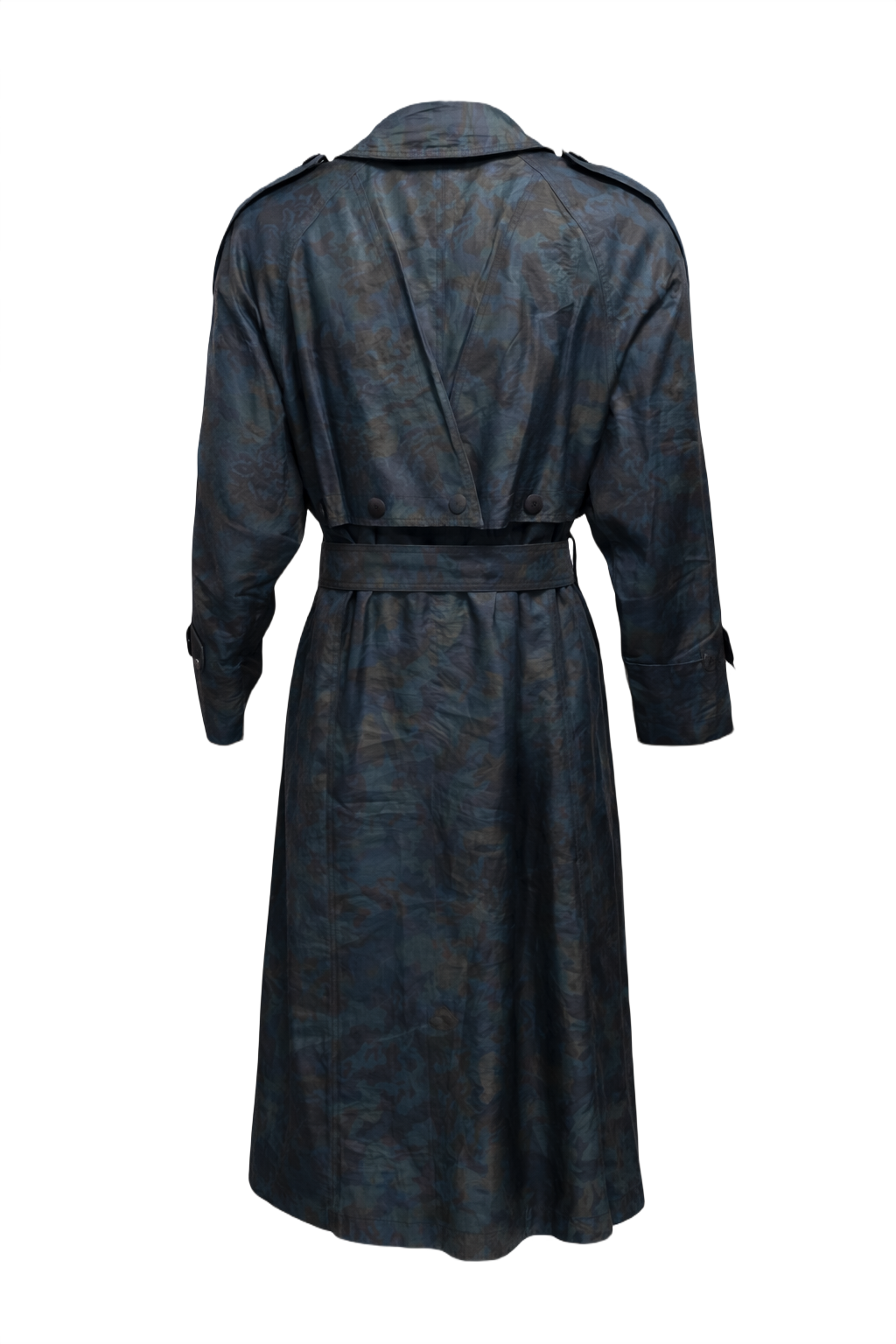 1980s Dark Teal Polyester Trench Coat - Back View