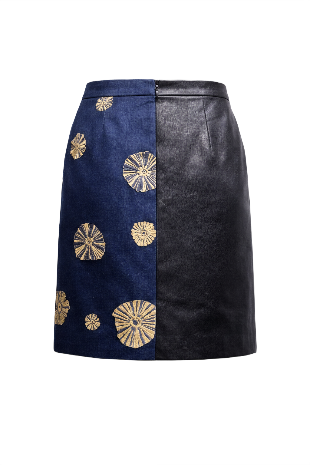 1990s Navy Blue Leather Denim Skirt - Back View