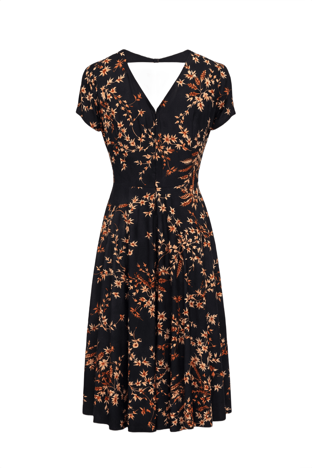 1950s Black Beige Floral Dress - Back View