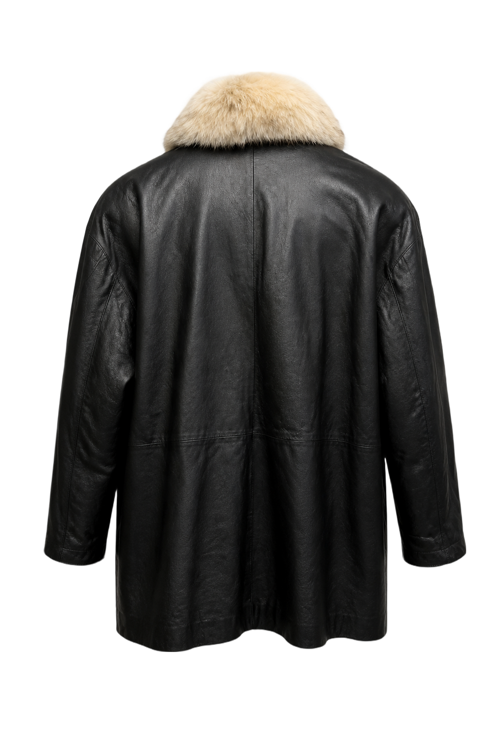 1990s Black Leather Coat Fur Collar - Back View