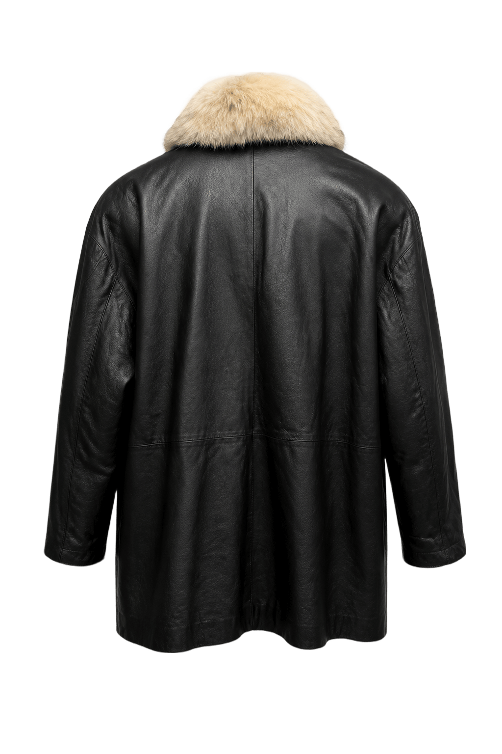 1990s Black Leather Coat Fur Collar - Back View
