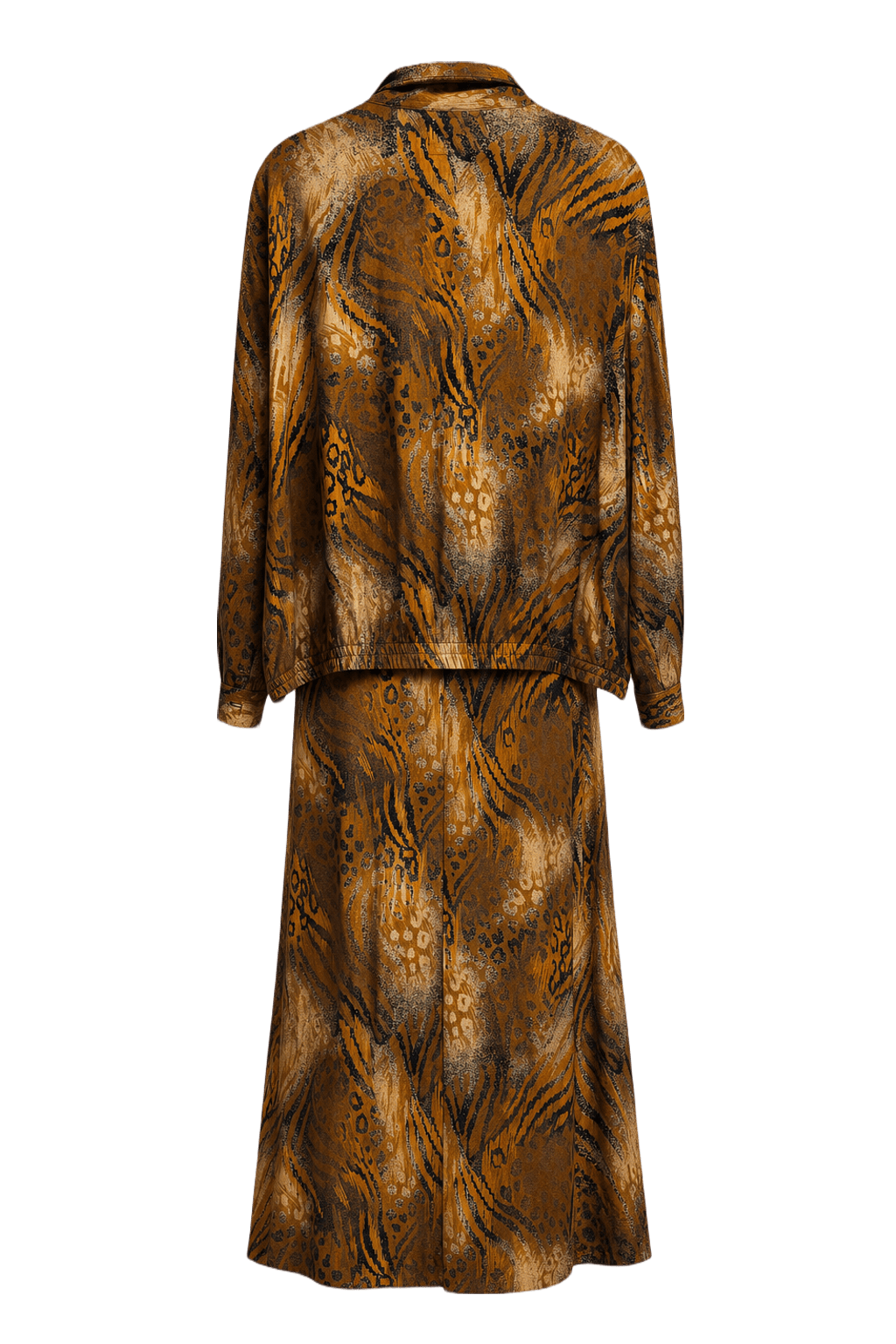 1970s Brown Animal Print Synthetic Blend Jacket and Skirt Set - Back View
