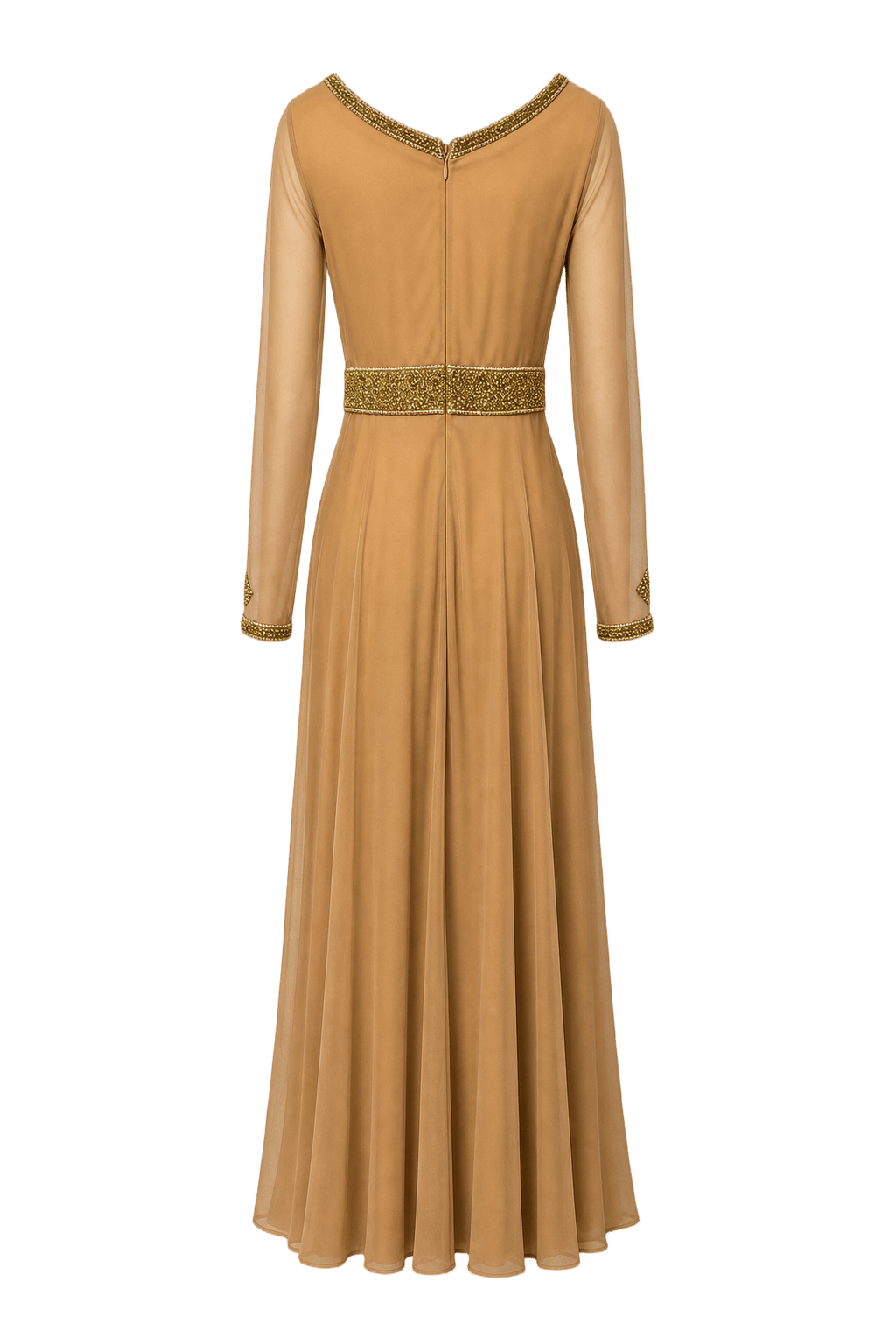 1970s Camel Brown Synthetic Blend Maxi Dress - Back View