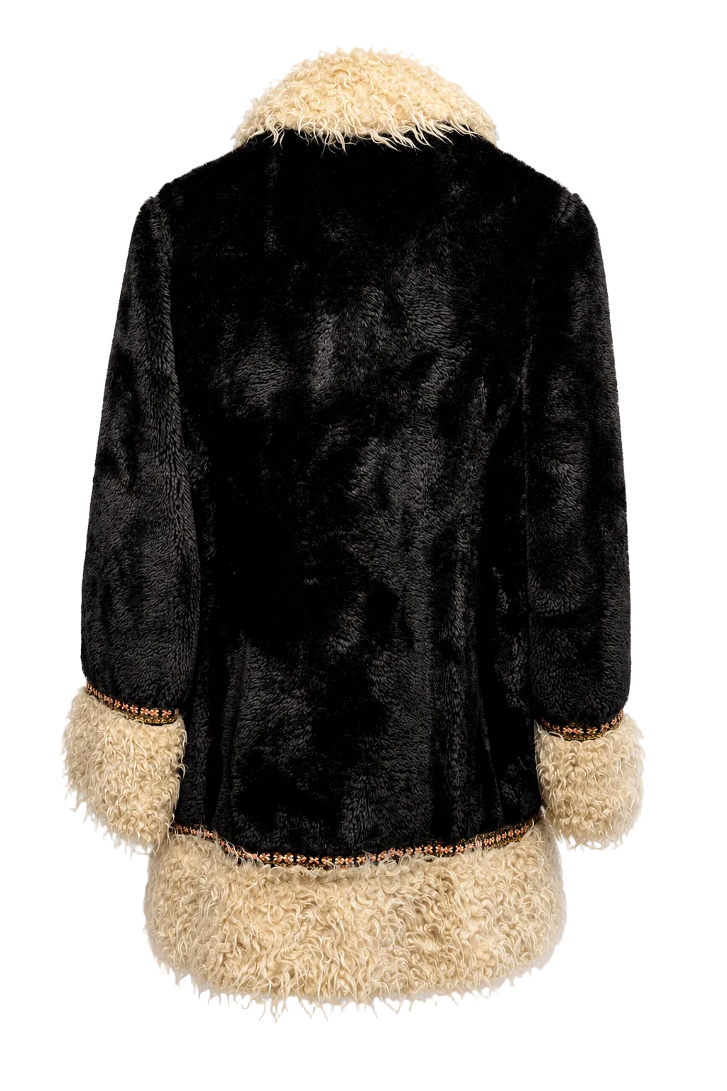 1970s Black Beige Faux Fur Coat - Back View