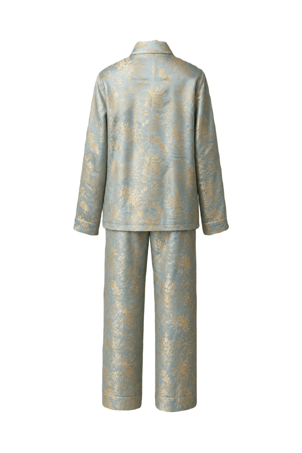 1970s Light Blue Silk Brocade Jacket and Pants Set - Back View