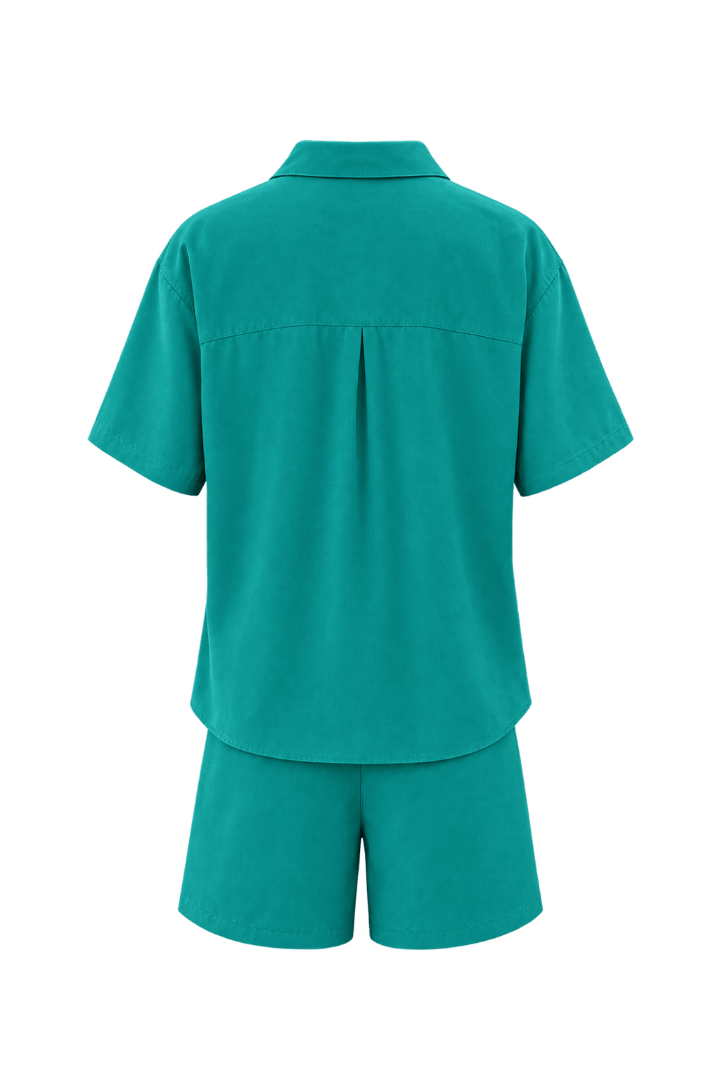 1960s Bright Teal Fluid Woven Fabric Shirt and Shorts Set - Back View
