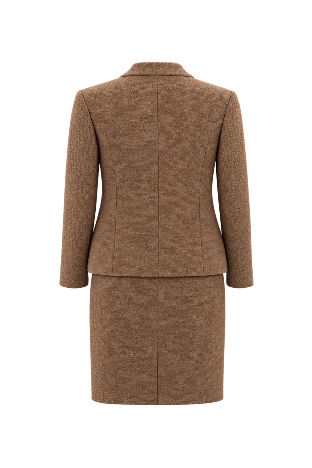 1970s Camel Brown Textured Woven Skirt Suit - Back View