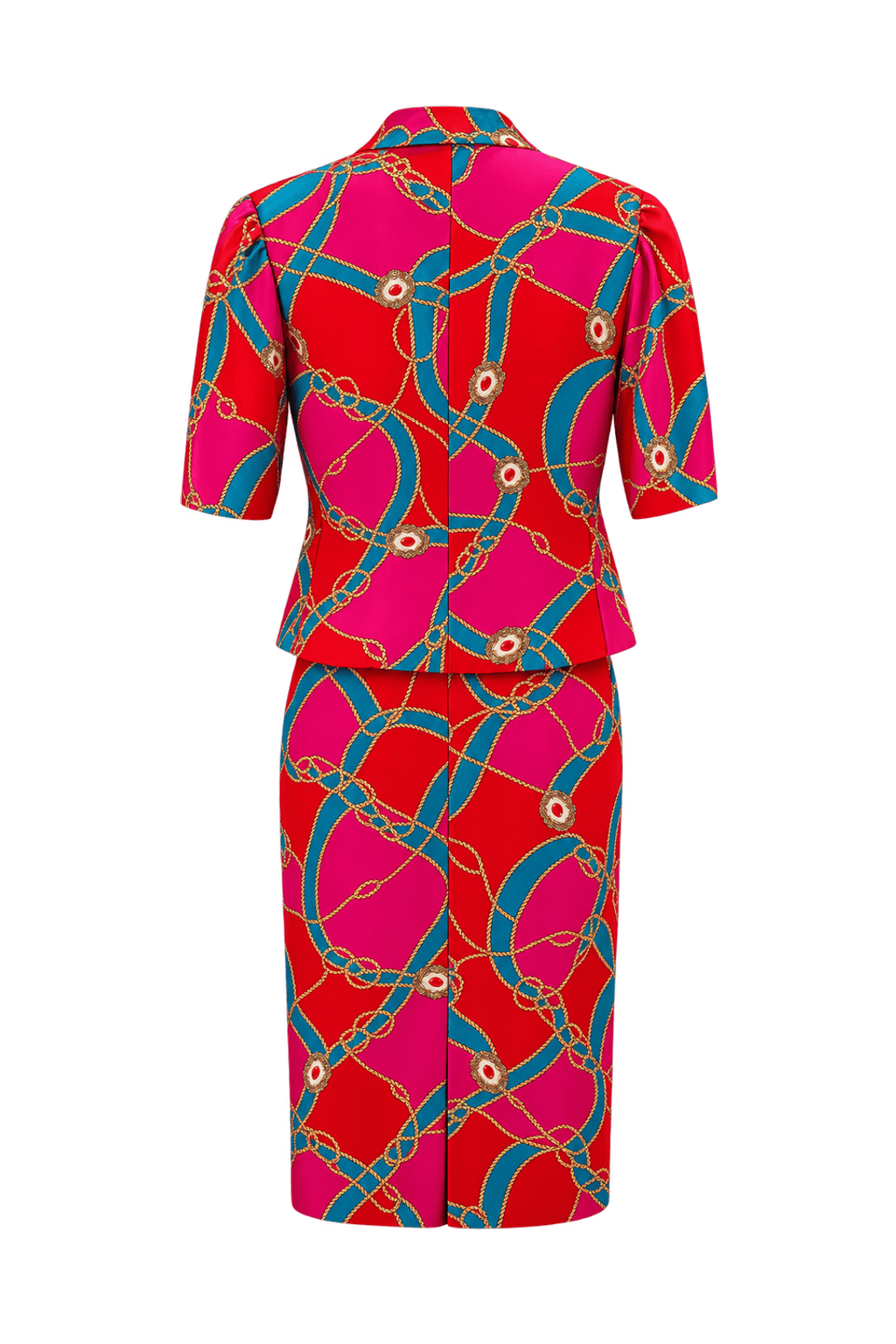 1980s Bright Red Silky Woven Jacket and Skirt Set - Back View