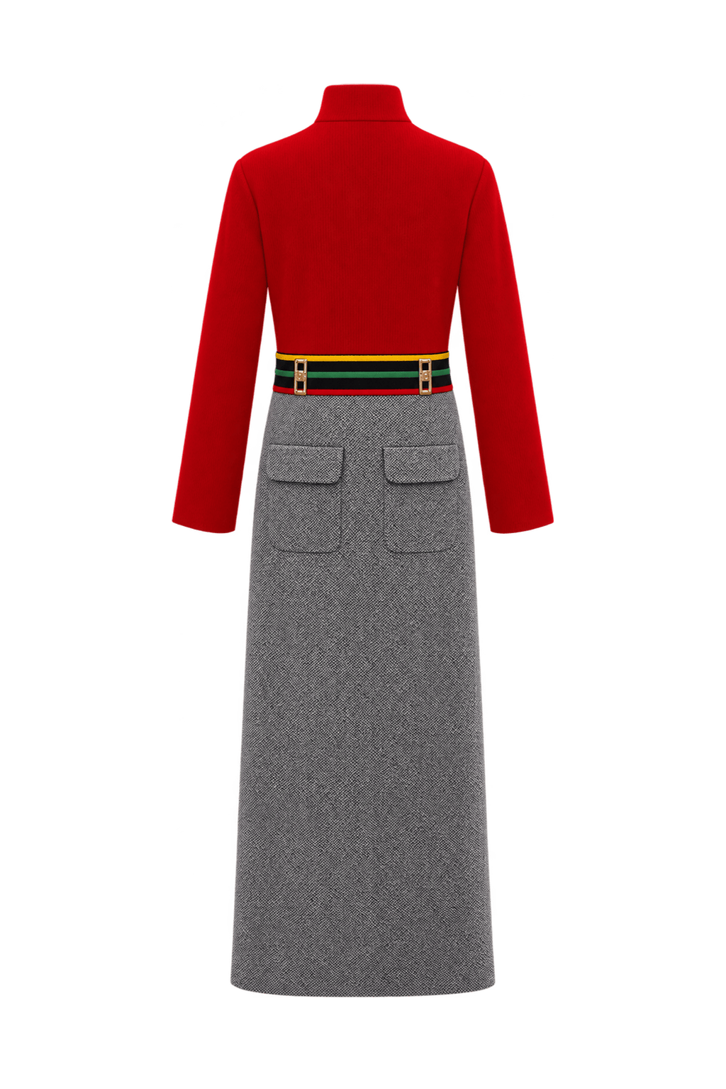 A bright red, long-sleeved maxi dress with a high neck and a close-fitting ribbe - Back View
