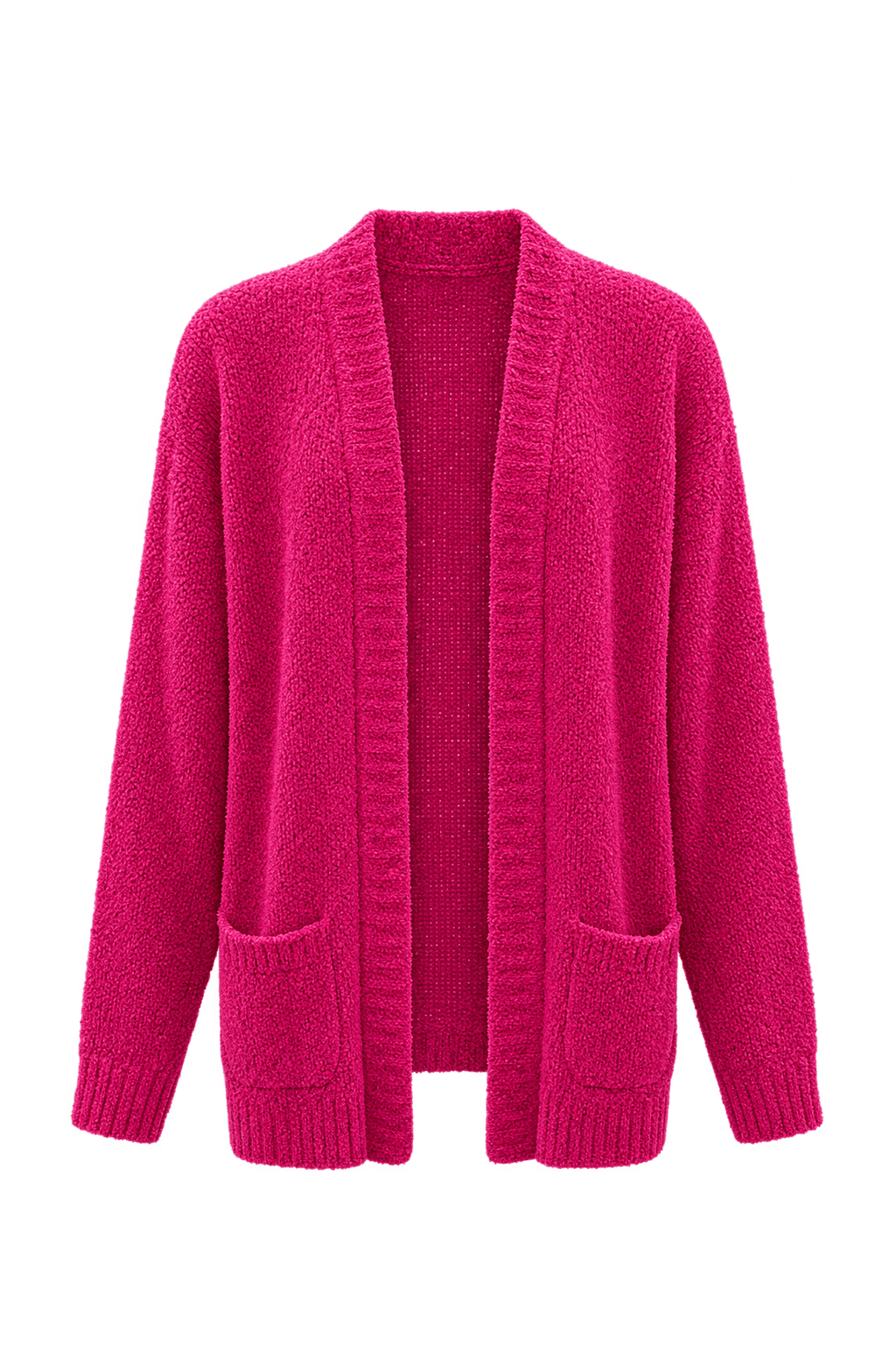 1980s Bright Fuchsia Pink Chenille Cardigan - Front View