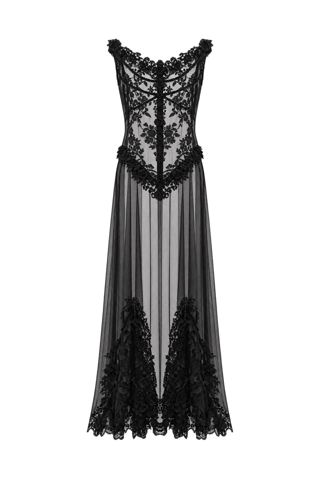 1980s Black Mesh Lace Maxi Dress - Front View