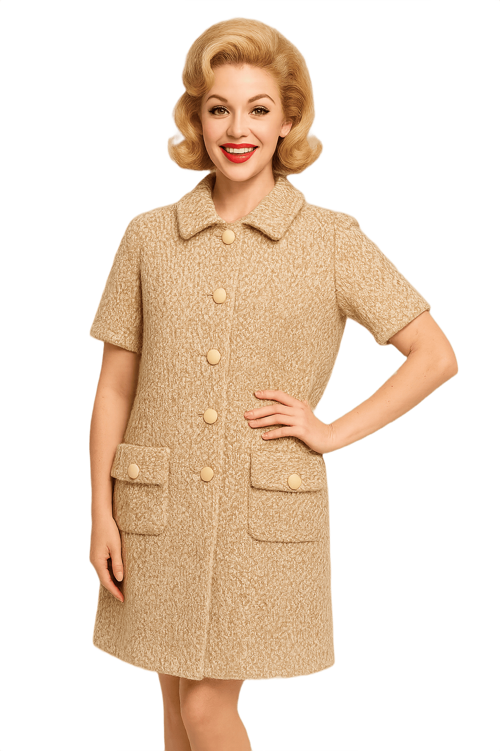 60s Beige Textured Knit Coat - Model