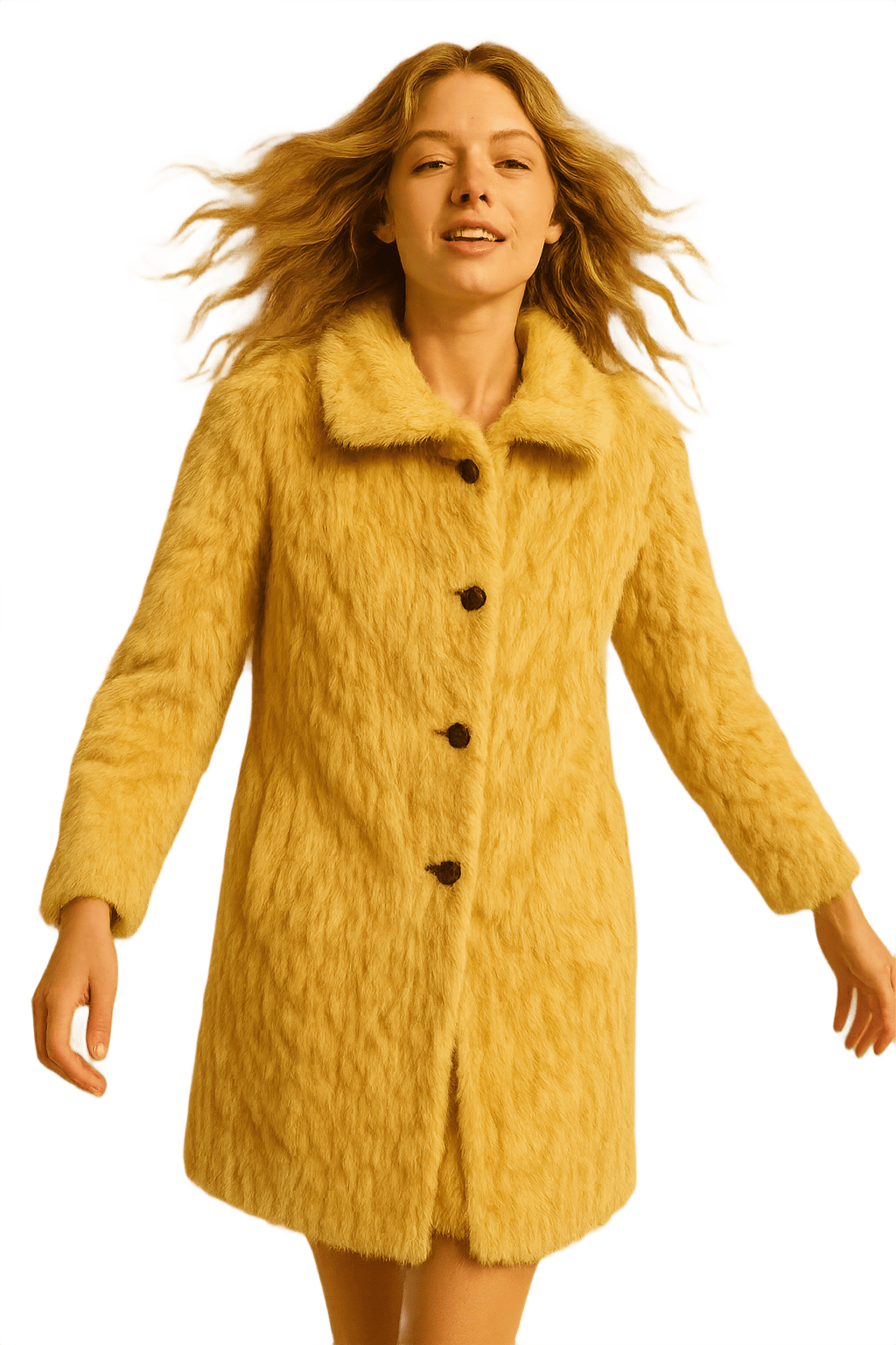 70s Women's Faux Fur Coat - Cream Yellow - Model