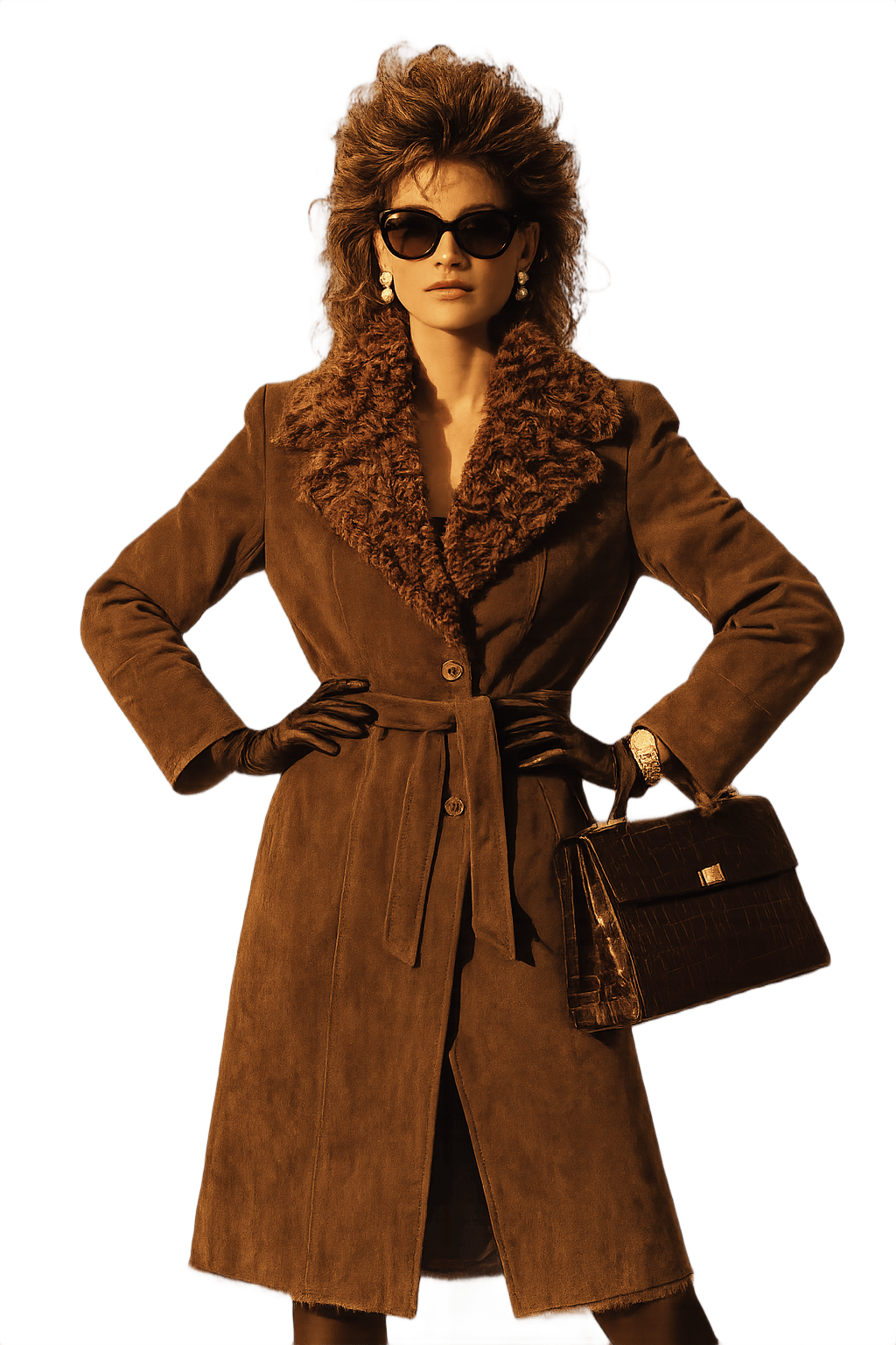 80s Brown Belted Coat with Faux Fur Collar - Model