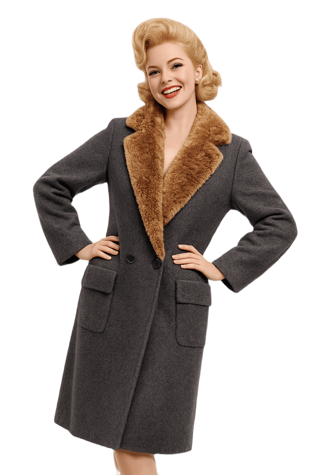 60s Double-Breasted Coat with Faux Fur Collar - Model