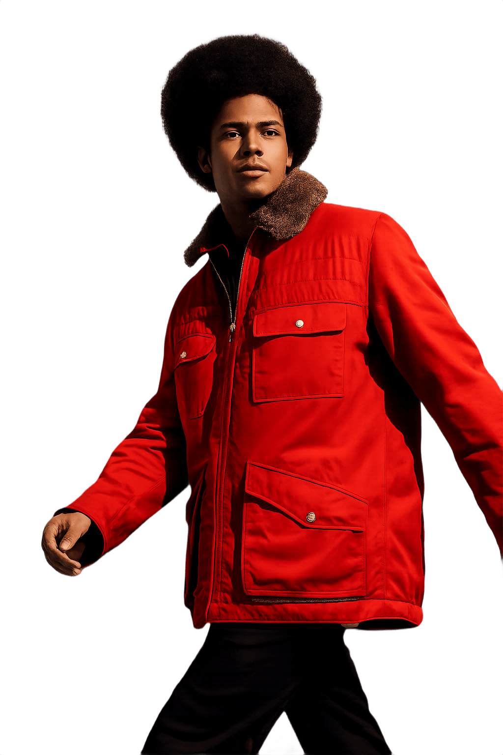 80s Men's Bold Red Jacket with Faux Fur Collar - Model