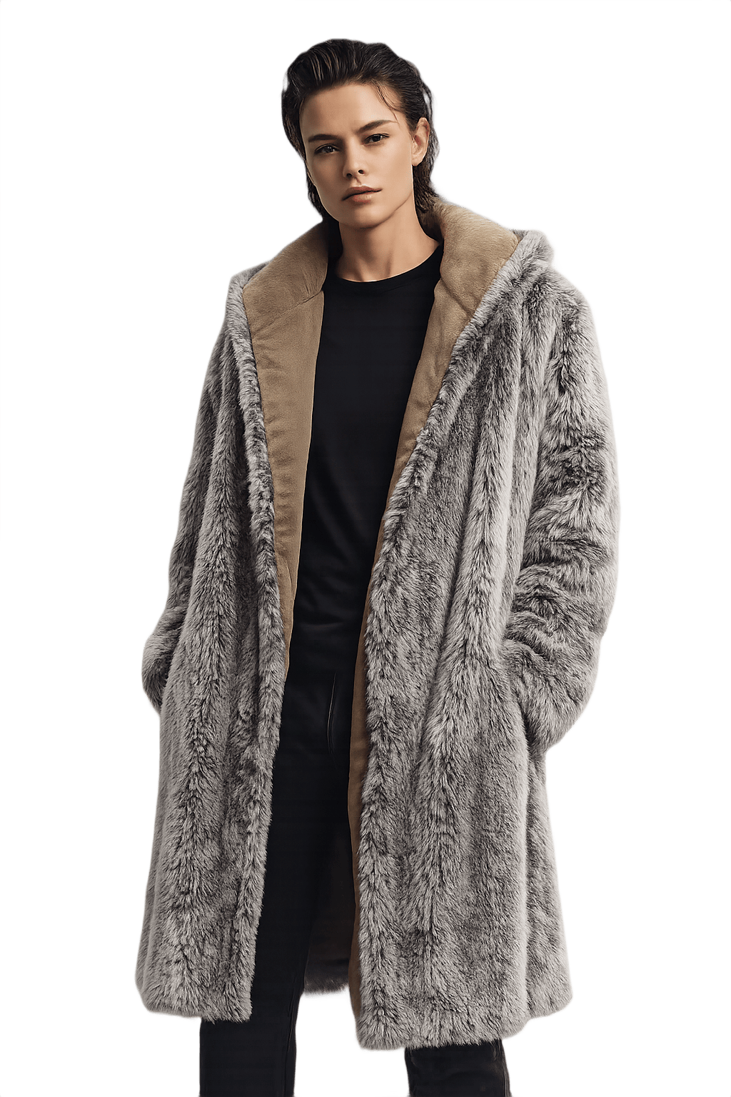 Hooded Faux Fur Coat - Unisex Retro Style - Model