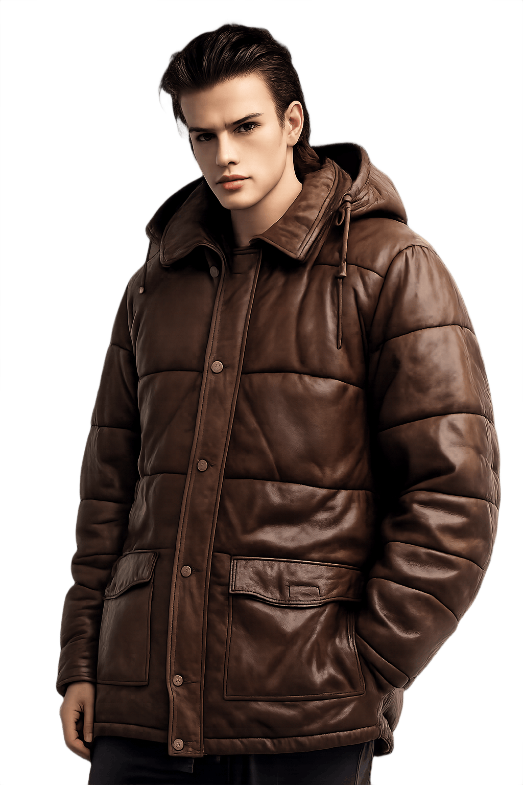 80s Unisex Brown Puffy Leather Jacket with Hood - Model