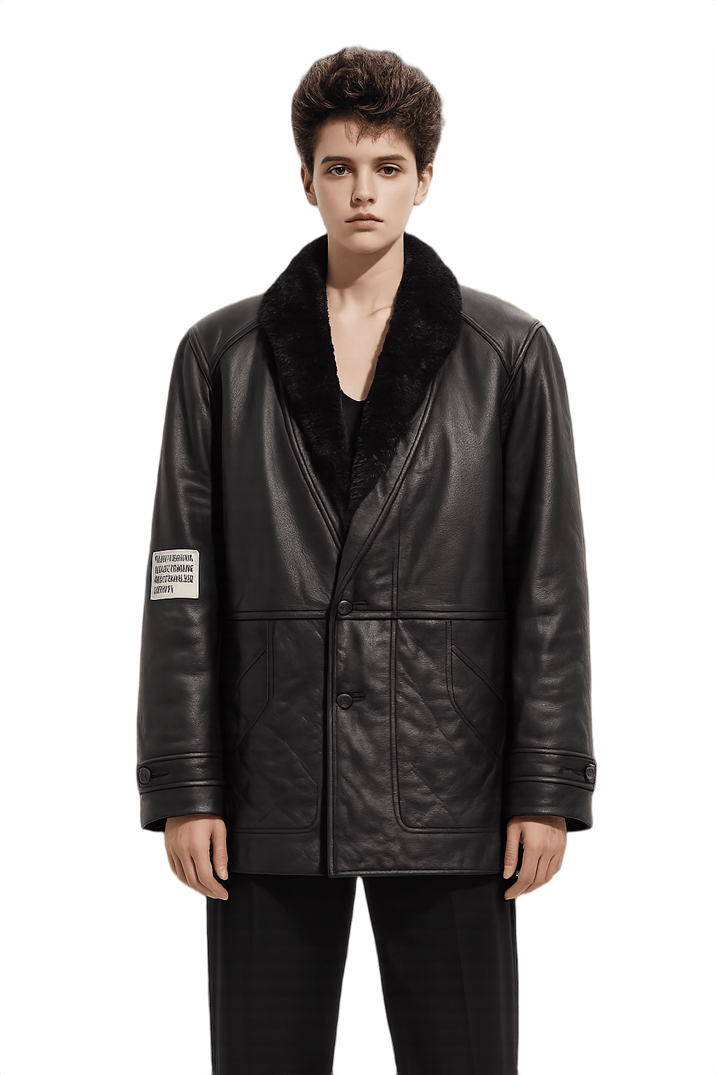 80s Unisex Leather Jacket with Fur Collar - Model