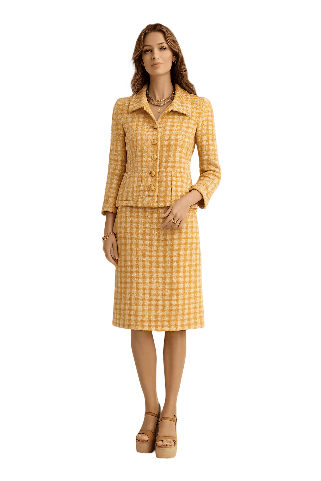 70s Women's Fitted Tweed Set - Orange & Cream - Model
