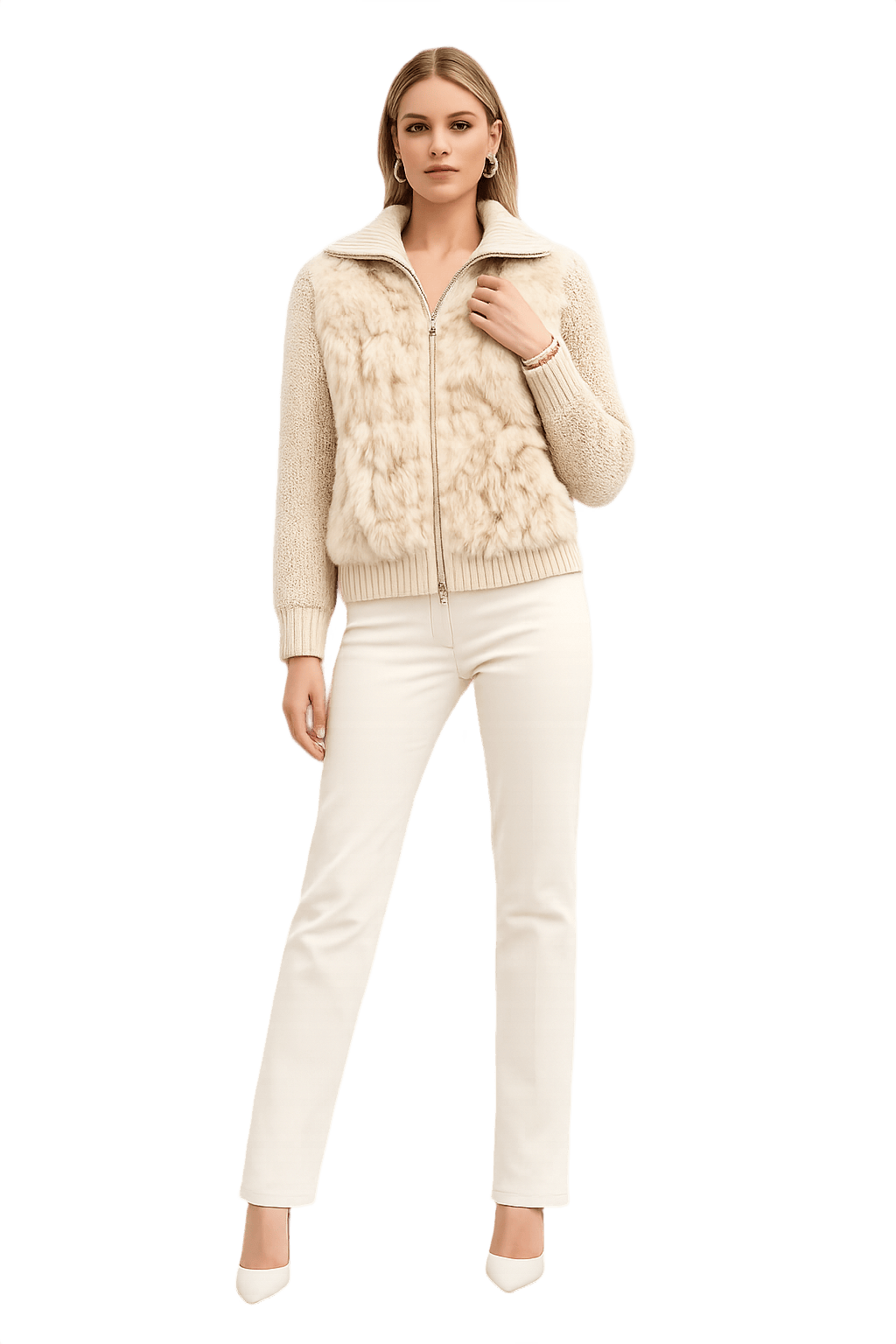90s Women's Cream Beige Jacket with Fur Detail - Model