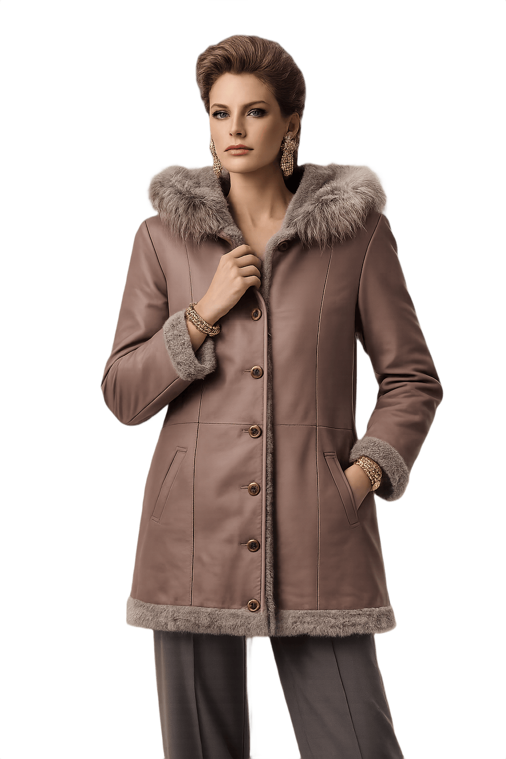 80s Taupe Leather Power Coat with Fur Trim - Model