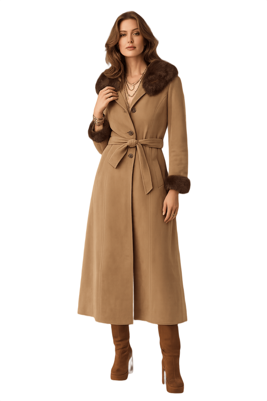 70s Leather Coat with Fur Collar and Waist Tie - Model
