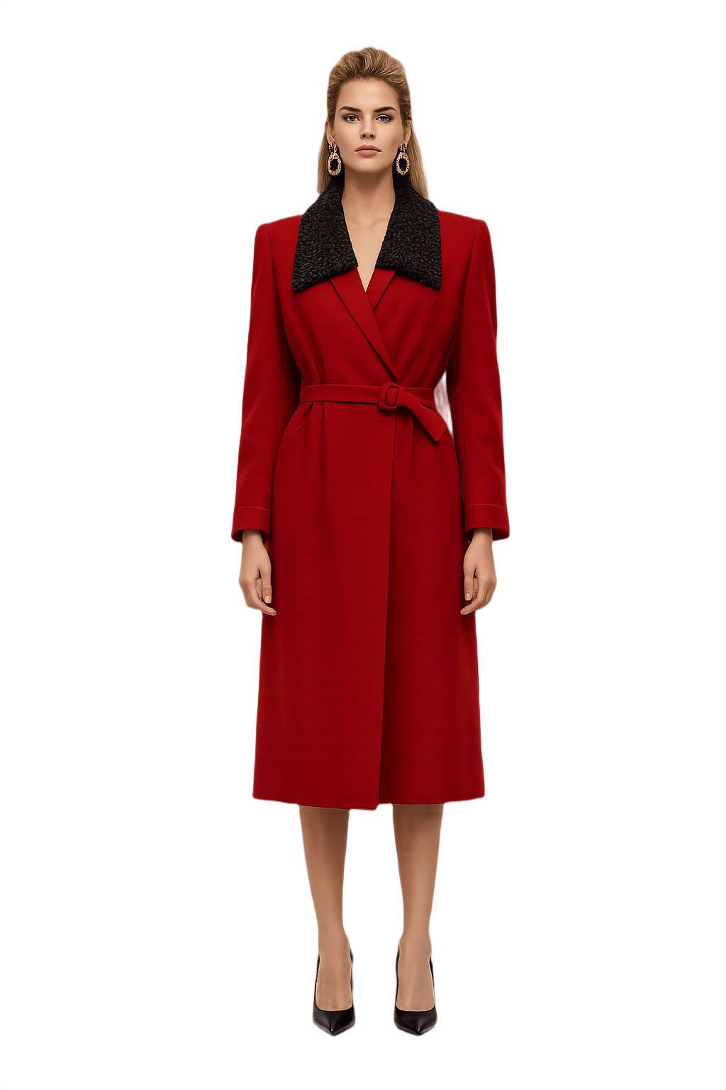 80s Red Satin Power Suit Dress with Faux Fur - Model