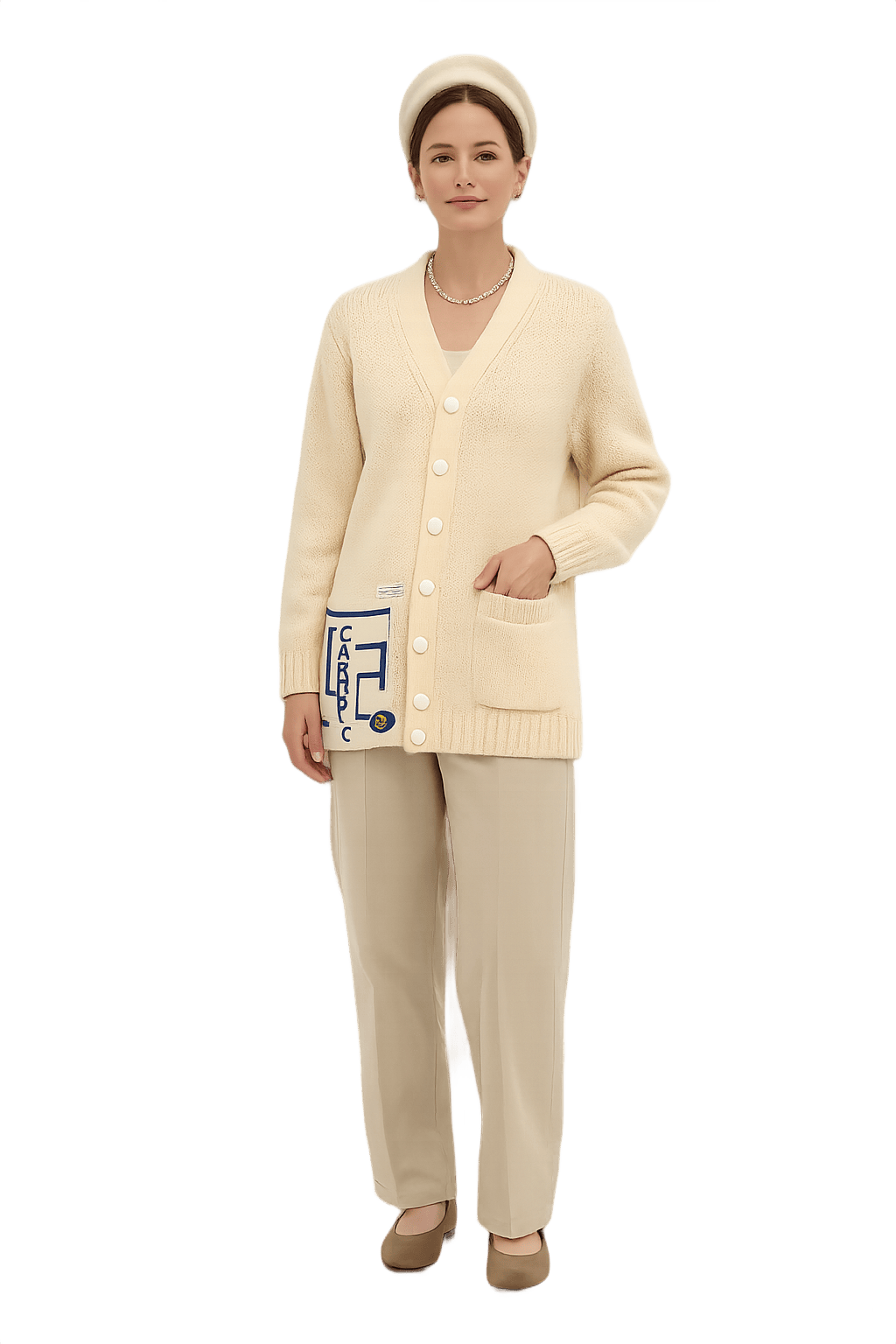 Mid-Century Unisex Cardigan in Cream - Model